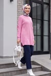 Omuzu Saç Örgülü Salaş Triko Tunik  -Pembe