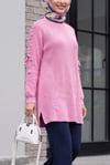 Omuzu Saç Örgülü Salaş Triko Tunik  -Pembe
