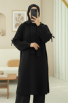 Omuzu Saç Örgülü Salaş Triko Tunik -Siyah-Kazak-295-1281-R01