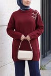 Omuzu Taş Detaylı Yumoş Triko Tunik -Bordo