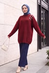 Omuzu Taş Detaylı Yumoş Triko Tunik -Bordo