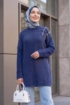 Omuzu Taş Detaylı Yumoş Triko Tunik -Lacivert