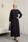 Omuzu Taşlı Düğmeli Ceket Etek Keten Takım -Siyah-Takım-186-4474-R01