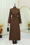 Omuzu Vatkalı Bağcıklı Bürümcük Elbise -Kahve-Elbise-207-24182-R15