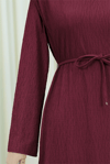 Omuzu Vatkalı Bağcıklı Bürümcük Elbise -Bordo-Elbise-207-24182-R04