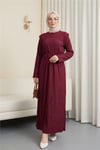 Omuzu Vatkalı Bağcıklı Bürümcük Elbise -Bordo-Elbise-207-24182-R04