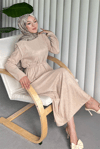 Omuzu Vatkalı Bağcıklı Bürümcük Elbise -Bej-Elbise-207-24182-R56