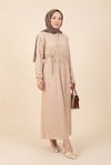 Omuzu Vatkalı Bağcıklı Bürümcük Elbise -Bej-Elbise-207-24182-R56