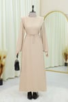 Omuzu Vatkalı Bağcıklı Bürümcük Elbise -Bej-Elbise-207-24182-R56