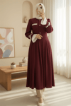 Omzu Vatkalı Kolu Bağcıklı Düğme Detaylı Cepli Pliseli Elbise -Bordo-Elbise-428-8419-R04