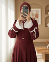 Omzu Vatkalı Kolu Bağcıklı Düğme Detaylı Cepli Pliseli Elbise -Bordo-Elbise-428-8419-R04