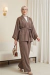 Omzu Ve Kolu Pul Payet Kemerli Pantolonlu Keten Kimono Takım  -Toprak-Takım-448-312-R55