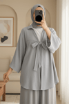 Önden Bağlamalı Krınkıl Kimono  -Gri-Kimono&Kaftan-253-12986-R11