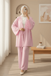 Önden Bağlamalı Pantolonlu Kimono Takım         -Pembe-Takım-223-3000-R20
