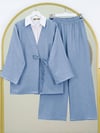 Önden Bağlamalı Pantolonlu Kimono Takım        -Mavi-Takım-223-3000-R31