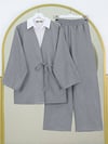 Önden Bağlamalı Pantolonlu Kimono Takım   -Gri-Takım-223-3000-R11