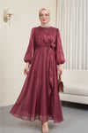 Önden Çapraz Bağlama Detaylı Janjan Kumaş Elbise  -Bordo-Abiye-386-6219-R04