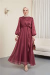 Önden Çapraz Bağlama Detaylı Janjan Kumaş Elbise  -Bordo-Abiye-386-6219-R04