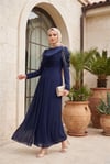 Önü Alerli Omuzları Taşlı Janjan Şifon Detaylı Saten Abiye -Lacivert-Abiye-316-4891-R03