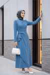 فستان كريب غير متماثل مع تنورة وتنورة من الأمام - أزرق-Krep Abiye-111-61017-R31