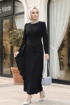 فستان كريب غير متماثل مع تنورة وتنورة من الأمام - أسود-Krep Abiye-111-61017-R01