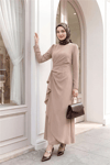 فستان كريب غير متماثل مع تنورة وتنورة من الأمام - بيج-Krep Abiye-111-61017-R56