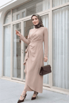 فستان كريب غير متماثل مع تنورة وتنورة من الأمام - بيج-Krep Abiye-111-61017-R56