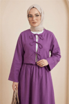 Önü Bağcıklı Beli Lastikli Etekli Keten Takım        -Mor-Takım-346-30421-R34