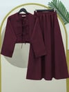 Önü Bağcıklı Beli Lastikli Etekli Keten Takım   -Bordo-Takım-346-30421-R04