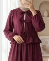 Önü Bağcıklı Kolu Lastikli Etekli Takım -Bordo-Takım-111-40659-R04