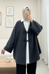 Önü Bağcıklı Oval Kesim Kaşe Kimono     -Antrasit-Ceket-346-3047-R64