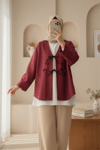 Önü Bağcıklı Oval Kesim Kaşe Kimono   -Bordo-Kimono&Kaftan-346-3047-R04