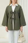 Önü Bağcıklı Oval Kesim Kaşe Kimono     -Haki-Ceket-346-3047-R05