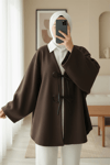 Önü Bağcıklı Oval Kesim Kaşe Kimono     -Kahve-Ceket-346-3047-R15