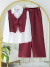 Önü Bağcıklı Pantolon Yelek İkili Keten Takım -Bordo-Takım-349-7028-R04
