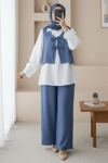 Önü Bağcıklı Pantolon Yelek İkili Keten Takım -İndigo-Takım-349-7028-R21