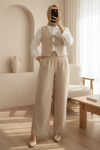 Önü Bağcıklı Pantolon Yelek İkili Keten Takım -Vizon-Takım-349-7028-R23