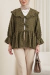 Önü Bağcıklı Tüylü Dokulu Clip Jakar Kimono -Haki-Kimono & Kaftan-398-44024-R05