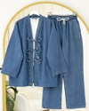 Önü Bağlamalı Cepli Pantolonlu Kot Kimono Takım   -Koyu Mavi-Takım-417-17782-R26