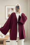 Önü Bağlamalı Deri Detaylı Salaş Kimono  -Bordo-Kimono & Kaftan-253-13091-R04