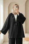 Önü Bağlamalı Deri Detaylı Salaş Kimono  -Siyah-Kimono & Kaftan-253-13091-R01