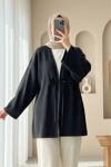 Önü Bağlamalı Deri Detaylı Salaş Kimono  -Antrasit-Kimono & Kaftan-253-13091-R64