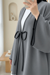 Önü Bağlamalı Deri Detaylı Salaş Kimono  -Gri-Kimono & Kaftan-253-13091-R11