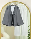 Önü Bağlamalı Deri Detaylı Salaş Kimono  -Gri-Kimono & Kaftan-253-13091-R11