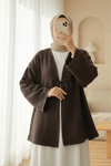Önü Bağlamalı Deri Detaylı Salaş Kimono  -Toprak-Kimono & Kaftan-253-13091-R55