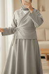 Önü Bağlamalı Etekli Kaşe Kimono Takım -Gri-Takım-346-3078-R11