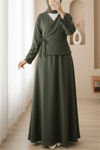 Önü Bağlamalı Etekli Kaşe Kimono Takım -Haki-Takım-346-3078-R05
