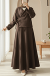 Önü Bağlamalı Etekli Kaşe Kimono Takım -Kahve-Takım-346-3078-R15