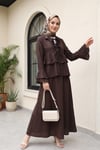 Önü Bağlamalı Fırfırlı İspanyol Kol Etekli Cupra Kimono Takım -Koyu Kahverengi