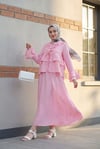 Önü Bağlamalı Fırfırlı İspanyol Kol Etekli Cupra Kimono Takım -Pembe